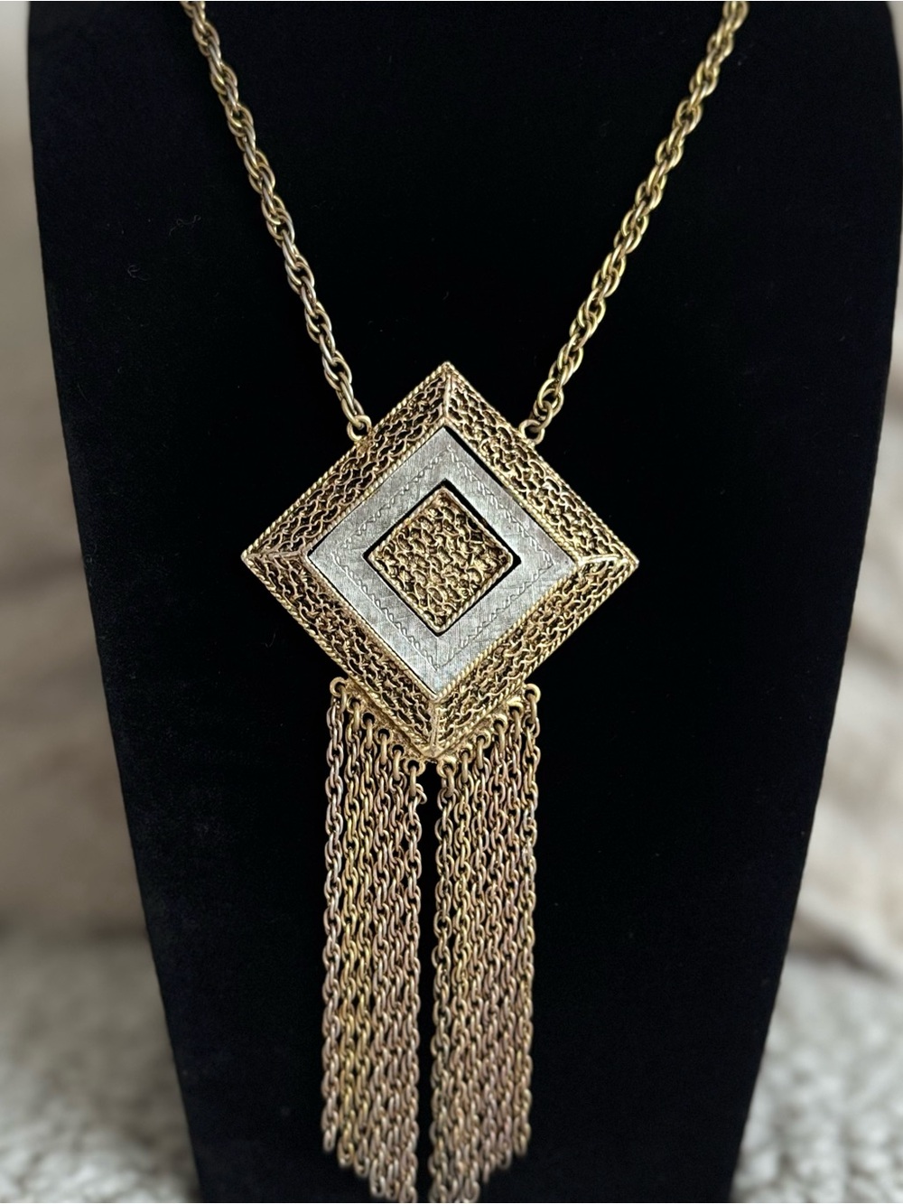 Vintage Gold and Silver tone Geometric Tassel Pendant Necklace - Women’s Jewelry
